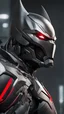 Placeholder: A very close picture to batman cyborg with Mix between transformers and batman and symbiote venom with black color and red details and with little red light in cyberpunk art style