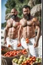 Placeholder: close up shot photography of two tired strong muscular beefy hairy burly 39 years old ugly turkish carpenters, short beard, shaved hair, shirtless, manly chest, bulging white shorts, tired eyes, walking on the beach in the sun holding tomatoes baskets, big shoulders, side light, sweat and wet, ground view angle