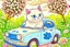 Placeholder: a cute proud chibi fluffy beige cat driving a car made of flower buds: roses, forget-me-nots, hydrangeaes on a cobblestone road in a forest next to a pond in sunshine