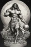 Placeholder: Digitize the sketched image of Atlas from Greek mythology, the character is portrayed as extremely muscular, holding up a massive celestial sphere, which is the Earth. The scene is dramatic, emphasizing the strain and power of Atlas. He has long hair and a rugged, classical appearance befitting a mythological titan. His attire is minimal, resembling ancient Greek garments. Please exclude any signatures or artist autographs from the image. The artwork should be in a hyper-realistic style, capturi