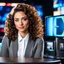 Placeholder: amodern tv studio a beautiful girl perfect face curly hair in official clothing sitting next to desk presenting news looking at camera, with picture of an old man in tv screen at background