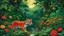 Placeholder: A tiger prowls through a lush jungle filled with dense foliage, vibrant red and yellow flowers, and tall trees. In the background, three figures carrying spears walk through the undergrowth, and a full moon shines in the night sky. A bird perches on a branch in the upper center of the image. The scene is rendered in a naive, dreamlike style with bold colors and flattened perspective.