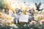 Placeholder: two cute anime chibi cats on either side of the picture looking at a pigeon in the top centre of the picture, flying with an envelope in its mouth in sunshine, flowerfield, watercolor and black ink outlines, ethereal, cinematic postprocessing, bokeh, dof