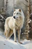 Placeholder: Masterpiece, best quality, watercolor painting, Wadim Kashin style, portrait of a white wolf in the snow, coming out of the forest