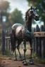 Placeholder: zombie hest foran et kastanjegjerde in the style of giger and fallout 4 ,,bokeh like f/0.8, tilt-shift lens 8k, high detail, smooth render, down-light, unreal engine