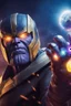 Placeholder: A sporty looking man with With a serious his face while holding Thanos' gantlet K's infinity gauntlet has six infinity stones