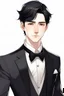 Placeholder: refined man with black hair anime wearing tuxedo realistic