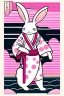 Placeholder: ukiyo-e style print of a white rabbit with a human body wearing a soft pink yukata and walking by the sea