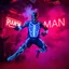 Placeholder: An "RUNNING MAN" performing at dance club, his name is "RUNNING MAN" and looks crazy, looks very aggressive look, Neon lights and smog, "RUNNING MAN" SIGN ON WALL