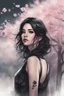 Placeholder: watercolor gothic girl in black leather halter top, white skin, beautiful wavy shoulder length black hair, sakura blossom tattoos on body, Trending on Artstation, {creative commons}, fanart, AIart, {Woolitize}, by Charlie Bowater, Illustration, Color Grading, Filmic, Nikon D750, Brenizer Method, Side-View, Perspective, Depth of Field, Field of View, F/2.8, Lens Flare, Tonal Colors, 8K, Full-HD, ProPhoto RGB, Perfectionism, Rim Lighting, Natural Lighting, Soft Lightiing, cityscape background