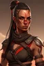 Placeholder: Muscular Caucasian Female Desert warrior with a black high braid, red eyes and a spire, no armor