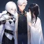 Placeholder: Girl with white hair wearing white robes. Boy with black hair wearing leather armor