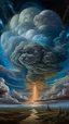 Placeholder: Back in time through a Time Machine in the parallel universe among the galaxies and the stars a big clouds of gas covering the sky from a distance Busch painting style nightmare