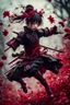 Placeholder: Petit girl samurai, falling pose, fullbody, iridescent, blood, guts, wildflower, intricate, darkred tones, macro photography,