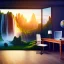 Placeholder: old wood sober house, large desk, parquet, sheet of paper, little pen, office chair in front of a huge picture window with large view on a waterfall with warm light, sunset ,photorealistic, detail, panorama, nature, globe, 8K, Hallelujah mountains, view first person