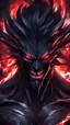 Placeholder: an anime style picture of an evil black demon with red eyes and fangs, the background is dark and chaotic, the atmosphere in the scene is full of fear, anime artstyle, vibrant colors, high contrast, dark shadows, closeup view of character's face, glowing white energy around him, red lightning effects, sharp details, expressive lines, detailed textures on skin