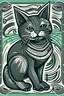 Placeholder: Graphic art linocut style cat with music. Very simple and the cat must be a cartoon