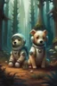 Placeholder: cute dog headed humanoids in space suits, pine forest, loish,