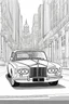 Placeholder: outline art for an adults coloring page, Rolls-Royce Silver Shadow in a City Square , white background,detailed sketch style,no color , only use outline, clean art , white background, no shadows and clear well outlined,