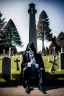 Placeholder: photo of a hoodless grim reaper wearing a suit, highlighting shiny areas of the skull, sitting outside a cemetery with a welcome sign, wearing suit, rim lighting, studio lighting, looking at the camera, dslr, ultra quality, sharp focus, tack sharp, dof, film grain, Fujifilm XT3, crystal clear, 8K UHD, clean, orange evening lighting