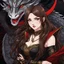 Placeholder: Icon or avatar. An arrogant looking young woman with pale skin and long brown hair in a fantasy setting with intricate details. She is smirking, wearing black and read leather, has red eyes, an air of malevolent power surrounds her. There is a dragon flying in the background. Anime style. High definition.