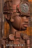 Placeholder: african portrait in rusted clocks, clock face, rust, scaffolding, ghana colours, cyberpunk, high detail