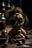 Placeholder: whole voodoo doll, its face shows wickedness and is scary, very damaged, made of all kinds of dirty things and needles poking it, dirt environment, made of darkness, infinitely dark and sad. melancholy. in the background of the image, papa legba looks at his work.