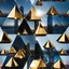 Placeholder: crystal pentagonal pyramid and golden sphers, which reflects the modern city environment in modern city escape , transforms into array of crystal cubes.