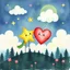 Placeholder: star-buddy and a heart-buddy with clouds in the forest-of-feelings, watercolor