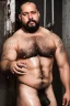 Placeholder: full figure shot 48 years old puertorican carpenter man hands behind the head , in an abandoned warehouse, serious, bearded burly chubby , serious eyes, shirtless under the shower, wet, dripping water, manly torso, photorealistic, 50mm photo, ambient occlusion , side view from the ground