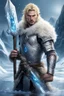 Placeholder: 1 anime man. warrior, with blue eyes and blonde hair man in silver Viking armor with fur around the neck with blue crystal on his chest, standing in water in the artic, holding a ice axe, warrior in anime style,