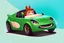 Placeholder: whimsical cartoony sports car with a small mascot character driving it, celshaded comic style, happy atmosphere