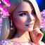 Placeholder: Full body Princess, sexy woman blondie, make up, beautiful smiling face,blue eyes, beautiful place,amazing, flowers, colors, blue and pink butterfly, realistic, photo real, stars night, detailed, high contrast, 8k high definition, unreal engine 5, extremely sharp detail, light effect, light background