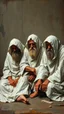 Placeholder: Bosch painting style, a 3 mentally ill men wearing dirty white robe sitting on the floor