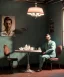 Placeholder: Ultra realistic photographic portrait, elegant Marcello Mastroianni man sitting with arms resting on Italian kitchen table, pretty tortellini dish, retro dress by 1960, suit, classic style decoration, cold, soft color, highly detailed, unreal engine 5, ray tracing, RTX, lumen lighting, ultra detail, volumetric lighting, high definition.