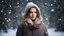 Placeholder: Beautiful young woman in warm clothes on dark background with falling snow