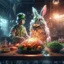 Placeholder: portrait of chopped crazy scientist and army officer irradiating levitating food inside grove with huge fluffy hare with nightmare mutations, 4 k, down-light, soft light, depth of field, photo realism, trending on art station, high detail, spray paint