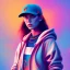 Placeholder: a girl wearing a baseball cap holding a small boombox in her hand, full shot. paint splashes, outrun, vaporware, shaded flat illustration, digital art, trending on artstation, highly detailed, fine detail, intricate