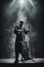 Placeholder: papež hraje na pódiu v blackmetalové kapale na baskytaru a řve do mikrofonu, ponurá atmosféra, veliká scéna koncertu, pentagram, obrácený kříž, veliký kontrast, hodně detailů, fotorealistické, RAW