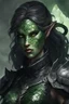 Placeholder: female snake humanoid, full body, wearing a black leather armor, green scales on the face, dungeons and dragons