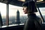 Placeholder: girl wearing black leather, shoulder-length bob, with fringe, in a science fiction building looking out over a large city