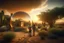 Placeholder: Hyper-realistic photograph of a desert landscape, with a couple holding hands with their backs to each other in front of a bubble-shaped house, glazed, with lots of greenery inside, dreamlike, sunset light, renaissance lighting, hyperrealism, 8k