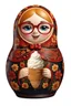 Placeholder: draw a Russian matryoshka doll in the style of Khokhloma, the matryoshka is smiling, the matryoshka has a icecream in her hands, a frontal angle, a picture on a white background, the matryoshka is drawn entirely, a highly detailed 3d picture