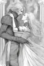 Placeholder: Strahd Von Zarovich being kissed on the neck by a beautiful woman with white hair, wearing an off the shoulder dress. Settling and background are a lavish toomb with an ebony coffin.