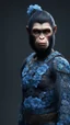 Placeholder: mugshot, Planet of the Apes, blue, large, floral designs, atmospheric, beautiful, China Doll, , dark background, mid shot, full body, neutral expression, buzzcut hair, ultra realistic, highres, superb, 8k wallpaper, extremely detailed, intricate, limited palette,