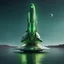 Placeholder: Tall vertical thin large detailed space ship floating on wide River very small green hull lights, Daylight, antennas, ,very small green hull lights , stopped, , luminescent , 35 mm focal length