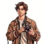 Placeholder: Brown haired stoic man with casual 90s clothes and a camera realistic art