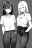 Placeholder: two girls dressed in jeans and a T-shirt walk in the city, line arts, greyscale