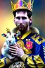 Placeholder: messi as king with wearing crown and king stuffs and clothes and holding a little white goat on his hand ,hyperrealistic,8k,detailed,rendered