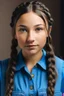 Placeholder: A girl with brown hair in two braids with brown eyes and a blue jumpsuit with a white shirt underneath